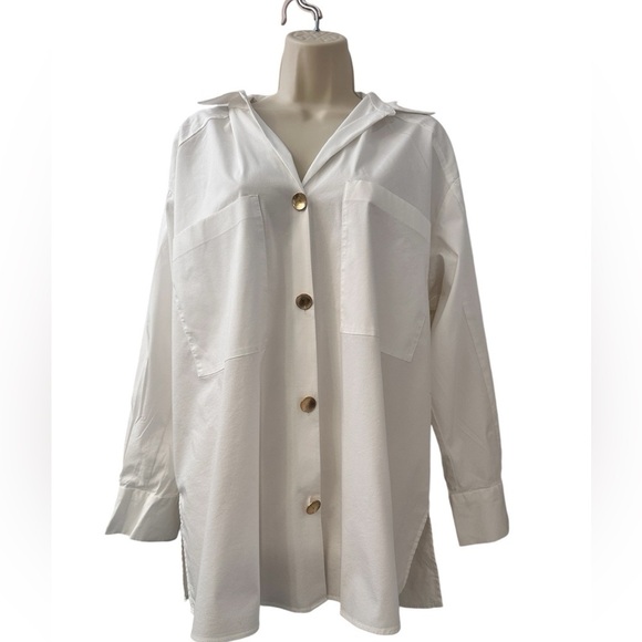Magaschoni Women’s Oversized White Button-Down Shirt with Gold Buttons, Size L - Picture 1 of 11